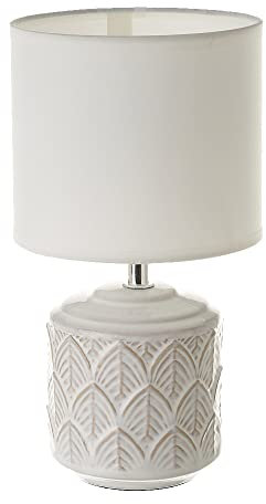 LOLAhome - Lámpara de mesa cilíndrica de 15x28cm | Lámpara para mesita de noche con hojas de cerámica blanca y beige y pantalla de lino (Beige) E14