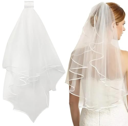 Voile de Mariage Blanc Mariée 2 Niveaux avec Peigne Voile Simple du Bout des Doigts Bord Coupé Tulle de Mariée pour Douche Nuptiale Décoration de Fête de Nuit de Poule