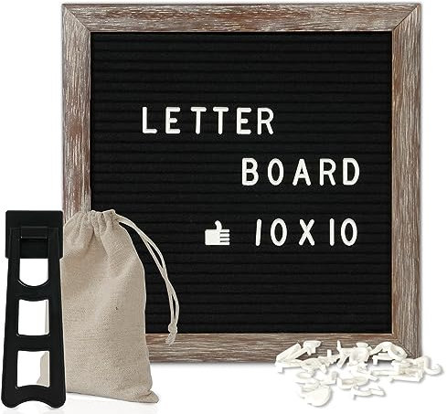 4 THOUGHT Letterboard Schild mit 500 Buchstaben, 25,4 x 25,4 cm, Filz-Briefbrett mit Ständer für den Schulanfang, rustikaler brauner Holzrahmen, Nachrichtenbrett, schwarze Ankündigungstafel,