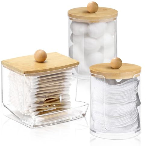3 Stück Acryl Wattestäbchen Behälter, Wattepads Aufbewahrung mit Bambusdeckeln, Transparente Wattestäbchen Halter, Wattepadspender für Wohnzimmer, Schlafzimmer, Badezimmer (Transparente)