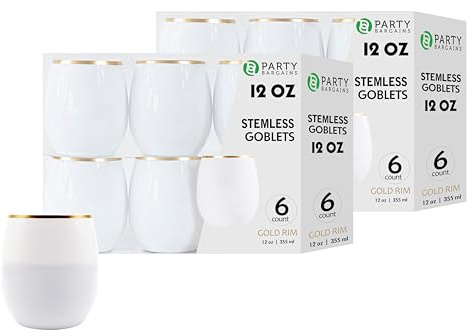 PARTY BARGAINS Stemless Plastic Wine Glasses 12 oz, White with Gold Rim, 12 Pack – Heavy-Duty Shatterproof Goblet Cups for Weddings, Baby Showers, Parties, Barware & Events