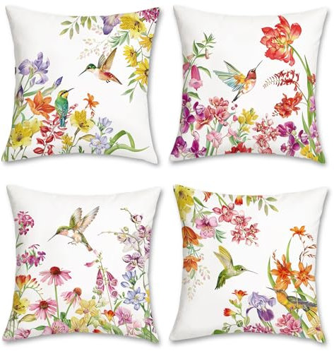 Bonhause 4er Set Kissenbezüge Blume Vogel 45 x 45 cm Bunte Blumen Kolibris Dekorative Kissenhülle Zierkissenbezüge für Sofa Schlafzimmer Zuhause Garten Dekoration