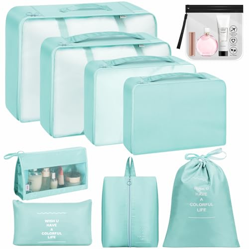Organisateur Valise Lot de 9, Rangement Valise, Organisateur de Voyage, Packing Cubes, Organiseurs de Bagage pour Sous-vêtement, Cosmétique, Chaussure,Bleu