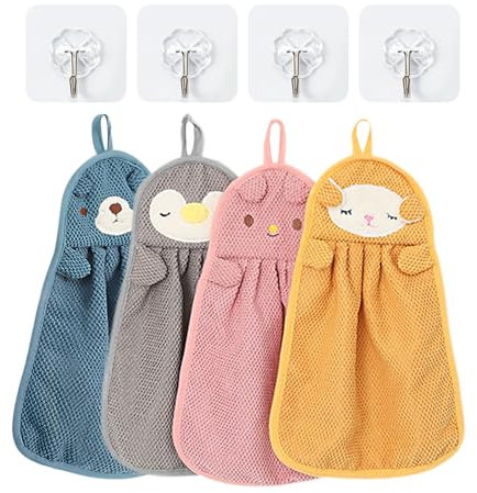 DHSBGWSX 4 Stück Cartoon-Handtücher, 4 Stück Haken, Kinder-Handtücher, Mikrofaser, schnell trocknend