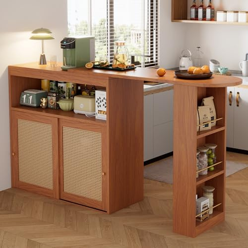 Sogesfurniture Tavolo da bar da cucina allungabile, con piano girevole e ampio spazio di archiviazione, porta scorrevole in rattan, 3 ripiani, 138-193 x 39 x 104 cm