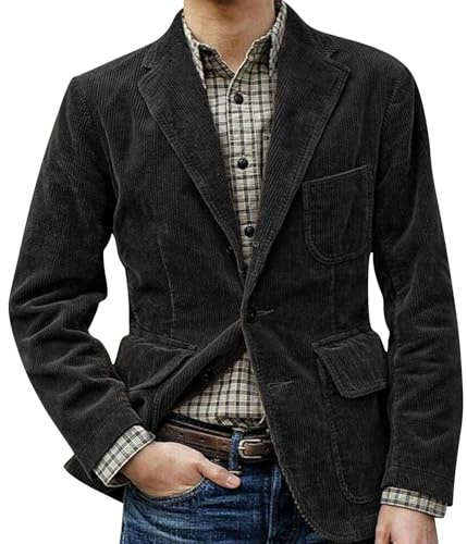 Men's Vintage Cord Lapel Jacket: Winter Cord Blazer Elegant Solid Color Cord Lapel Pocket Softshell Jacket with Chest Pocket Casual Jacket for Weddings, Banquets, Proms, black, 3XL