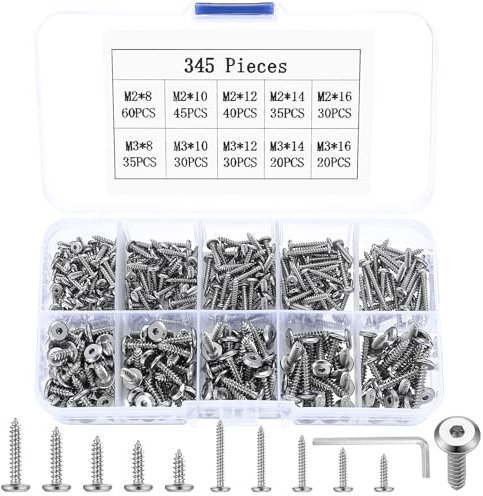 345 Pcs M2 M3 Tornillos Autorroscantes de Cabeza Hueca Redonda, Tornillos de Cabeza Hueca Hexagonal, Tornillos para Madera, Tornillos de Chapa Metálica para Plástico, Madera, Metal