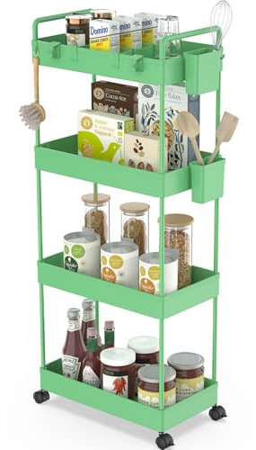 Ronlap Carrello da Cucina con 4 Livelli, Carrello di Servizio con Tazza Sospesa, Separatore, Gancio, Mensola su Ruote per Cucina, Camera da Letto, Ufficio, Verde