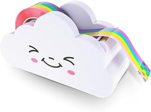 Distributeur de ruban adhésif blanc en forme de nuage avec distributeur de ruban adhésif arc-en-ciel mignon pour la maison, l'école, le bureau, l'emballage de papeterie, l'emballage de fournitures