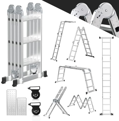 Fiqops Scala multiuso 4 x 3, 360 cm, 7 in 1, in alluminio, con 2 piattaforme e 2 ruote per il trasporto fino a 150 kg, scala multiuso pieghevole