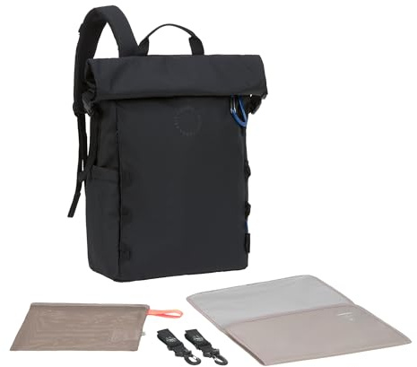 LÄSSIG Baby Changing Backpack, Changing Bag with Changing Mat, Pram Attachment, Bottle Holder, Sustainably Produced/GRE Outdoor Rolltop Backpack, Black
