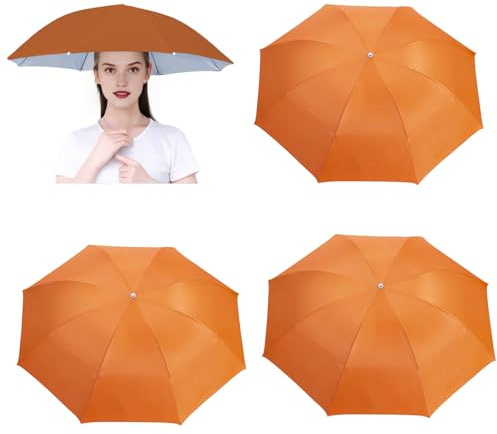 3 Pack Umbrella Hat, Sports Head Umbrella Hats for Adult Women, 26 Diameter Folding Waterproof Rainbow Fishing Headwear for Outdoor Party Beach Hiking (Orange)