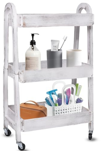 3-Tier Wooden Rolling Cart- Wooden Utility Cart wit Wheels- Utility Rolling Cart-Storage Trolley Organizer- Rolling Kitchen Serving Cart for Office,Kitchen, Kids' Room (Retro White)