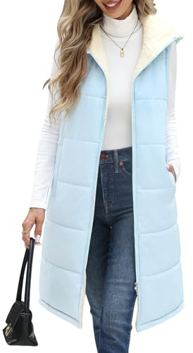 Yuson Girl Chaleco Mujer Chaqueta Invierno Largo Chalecos sin Mangas Vestir Moda Grueso Abrigos de Para Capucha Exteriores Acolchados Calentador Chaquetón con Cremallera(Azul, M)
