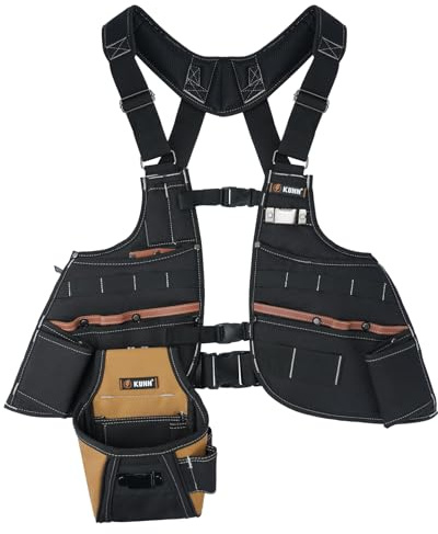 KUNN Leder Werkzeugweste Herren - Verstellbare 37 Taschen Arbeitsweste für Elektriker, Tischler und Bauarbeiter