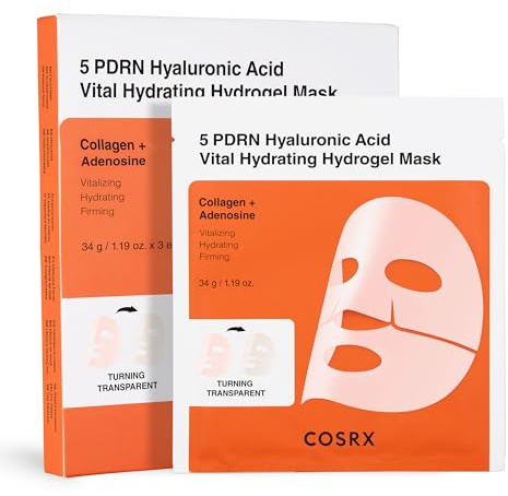 COSRX 5 PDRN Hyalruronic Acid Vital Hydrating Hydrogel Mask 3EA for Face with 5 PDRN & 8 Hyalruronic Acid, Overnight Hydrogel Mask for Glass Skin, Korean Skincare