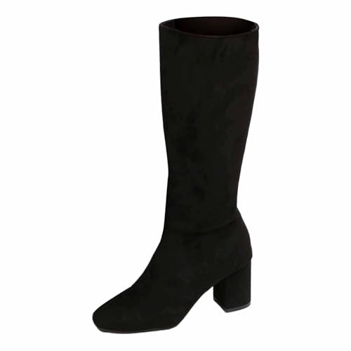 Generisch Stivali da equitazione invernali alti al polpaccio, alla moda in pelle scamosciata con chiusura lampo laterale, comodi stivali invernali e autunnali, suola antiscivolo, Nero , 35 EU