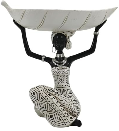 Statua di donna africana – Arte tribale Boho in resina, vasca con foglie, figura culturale realizzata a mano, finitura testurizzata | Scultura decorativa per tavolo da pranzo ingresso soggiorno deskto