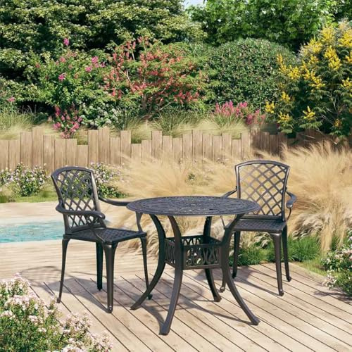 PTUGUOF Set da bistrò da 3 pezzi, in alluminio pressofuso nero, set da giardino resistente alle intemperie, con tavolo e sedie, robusto e durevole per esterni, tavolino da caffè con foro per