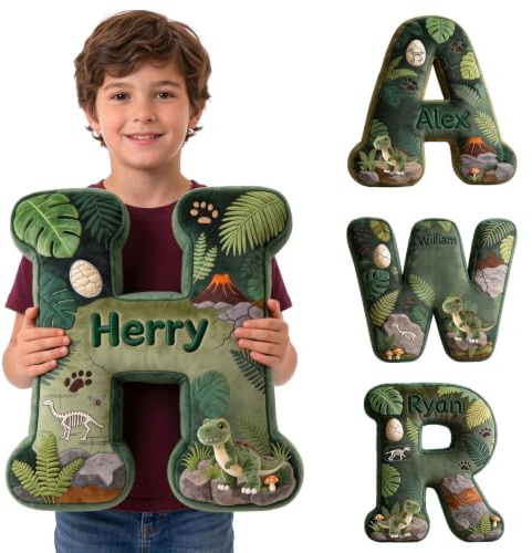 ELULAE Personalized Dinosaur Letter Pillow for Kids, A-Z Initial Plush Throw Cushion, Custom Name, Flat Printed 3D Look, Sofa Decorative Pillow, Birthday Xmas Gifts for Kids Boys Girls Dinosaur Lovers