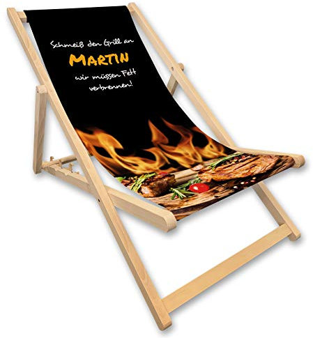 Unikatolo Liegestuhl mit Name, Motiv Steak, Grillen, Geschenkidee Männer, BBQ, Schwarz, Feuer, Geburtstag