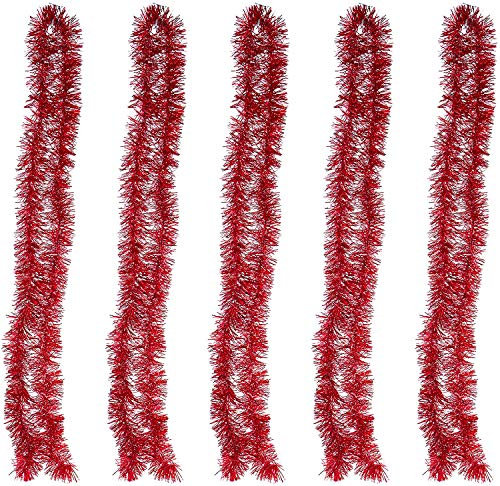 POFET 5 guirnaldas de espumillón rojo metálico para decoración de árbol de Navidad, corona de boda o fiesta, 5 unidades