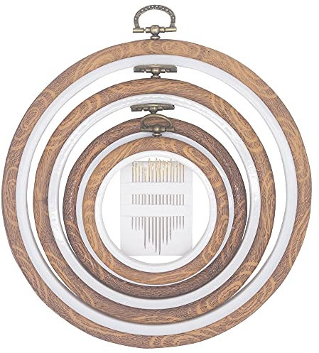 LAMXD 4 Größen Holzimitat, rund, Stickrahmen, Set, Kunststoff, Kreis, Kreuzstich, Ringe für Heimwerker, Basteln, Nähen, inklusive 16 Nähnadeln mit goldenem Öhr