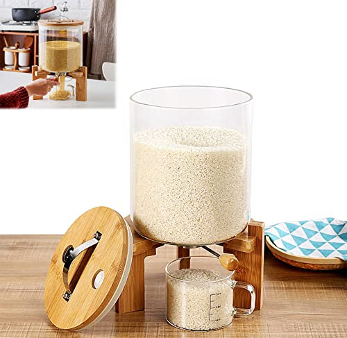 IELSH Rice Dispenser Countertop Glass Cereal Dispenser Small Food Storage Container with Measuring Cup and Wooden Lid for House Organization and Storage, Waterproof, Moisture-proof and Insect-proof