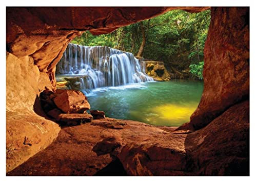 Fototapete 3D EFFEKT Wasserfall Wald Schlucht Höhle Wohnzimmer Schlafzimmer Vlies Tapete inklusive Kleister Wandtapete UV-Beständig Montagefertig (254x184 cm - 2 Bahnen)