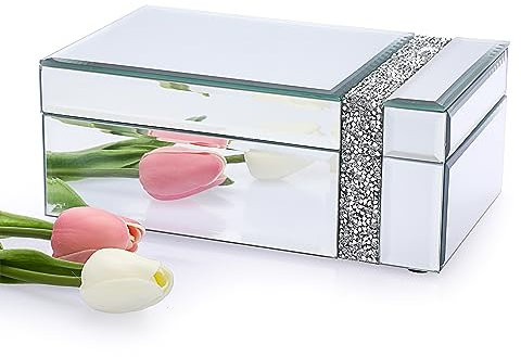 Tolida Mirrored Jewelry Box with Silver Crushed Diamonds, Glass Jewerly Box with Black Inner Velvet Necklaces Earrings Rings Storage Case for Dresser Desktop Party Brithday Gift, White Side Diamond