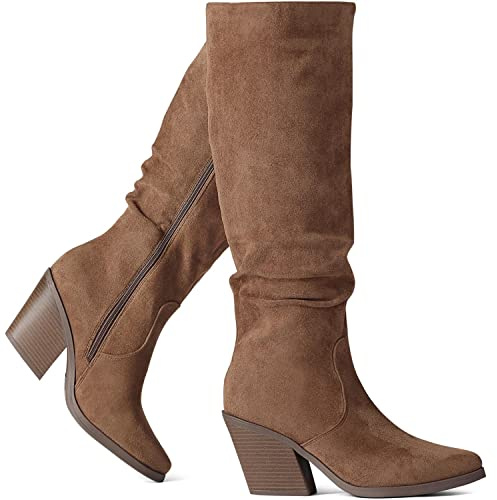 Putu Women's Pointed Toe Knee High Boots Faux Suede Stacked Chunky Heel Boots Side Zipper Slouchy High Boots Brown size 9
