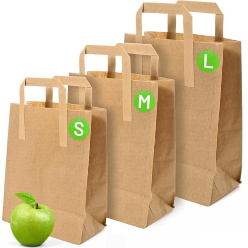 Brown Paper Bags with Handles - Small 8 x 7 x 3.5, 50 Pack, 80gsm Kraft Material, Takeaway Lunch Grocery Shopping Gift Party