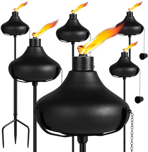 FAN-Torches Juego de 6 antorchas de jardín para el hogar de 24 onzas, antorchas de metal para decoración de jardín, antorchas de citronela mejoradas de 55 pulgadas con estaca a tierra de 3 puntas,