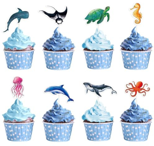 WERNNSAI 32 PCS Ocean Cupcake Toppers - Shark Birthday Party Decorations Under The Sea Cake Toppers Summer Dolphin Ocean Animal Cake Decors for Kids Ocean Baby Shower Party Supplies