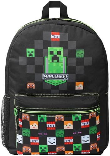 Minecraft Sac à Dos École pour Enfants Avec Poche Avant Zippée pour Le Sport, La Salle de Sport (Noir)