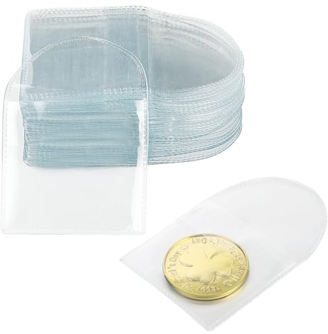 50pcs Single Pocket Coin Sleeves Coin Storage Sleeves Coin Protectors Clear Plastic Coin Holders for Coin Currency Bills Collectors Protector (Square, 2.2 X 2 Inch)