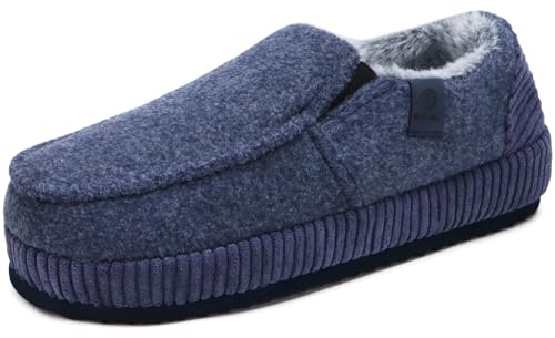 ONCAI Chaussons Homme Confort fermé de rayures Chaussures Peluche Intérieur Extérieur Velours côtelé Pantoufles Maison en Caoutchou Antidérapantes Mocassins Hiver Marron Foncé Taille 46