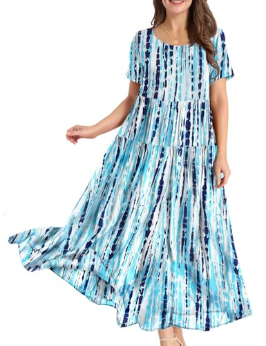 YESNO Women Dresses Casual Plus Size Bohemian Short Sleeve Floral Long Maxi Summer Beach Swing Dress/Pockets S EJFUK CR343
