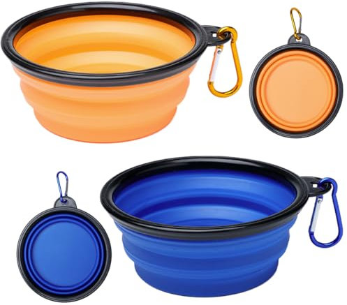 XYTAHDM Lot de 2 350ml Gamelles Pliables Bol pour Chien, avec Couvercle,Bol de Voyage en Silicone avec Mousqueton, Gamelles portables,Pour les voyages, la randonnée (Bleu + Orange)
