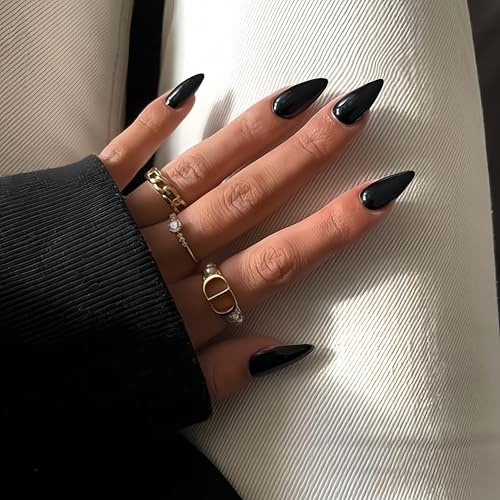 KQueenest Soft Gel Press on Nails Almond Medium, Black False Nails Almond, Glossy Solid Color Stiletto Fake Nails Set, Natural Reusable Stick on Nail for Women Finger Daily Wear 24 Pcs