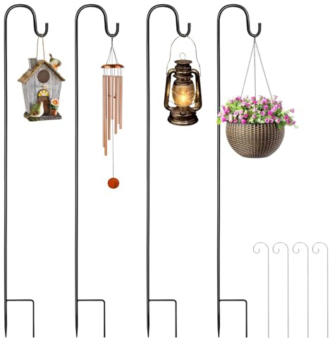 Forbabe schäferkrokar 100 cm, 4 stycken herdekrokar med 4 växtskyltar, justerbar höjd, herdstång, lyktstång, herdebåge, krok, metall, trädgårdspinne med krokar för fågelburar, vindspel, växtkorgar
