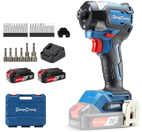 Avvitatore a impatto senza spazzole Dong Cheng 18V, Avvitatore a impatto a batteria 208Nm, Modalità autofilettante, 3200 giri/min, 4300 colpi/min, 3 velocità, con 2 * batterie 2,0 Ah