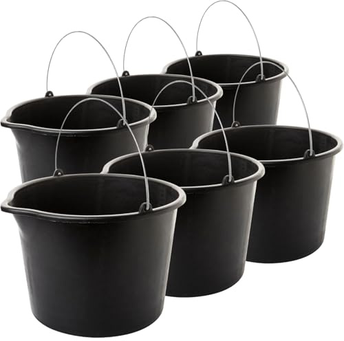 Sustania Baueimer 6er Set 12L mit Metallbügel - Robuste Schwarze Kunststoff Eimer für Haushalt, Garten und Industrie - UV-Beständig und Wetterfest