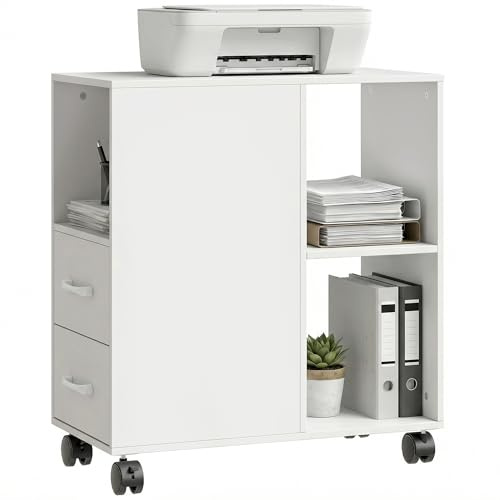 HOMCOM Mobile Porta Stampante a Rotelle con 2 Cassetti, Vano Aperto e Ripiano Regolabile, Mobile Stampante per Documenti da Ufficio e Studio, 60x30x65 cm, Bianco