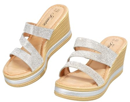 JOMIX Sandales Femme Compensées à Paillettes Claquettes à Strass Chaussures D'été à Talon épais Confortables WWC260340 (Argenté, 38)