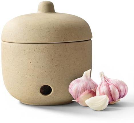 Boîte de Conservation Ail Céramique, Rangement Oignon, Boîte de Stockage Ventilée avec Couvercle, Pot à Ail en Grès pour Pommes de Terre Oignons Ail Cuisine, 9.5×10cm