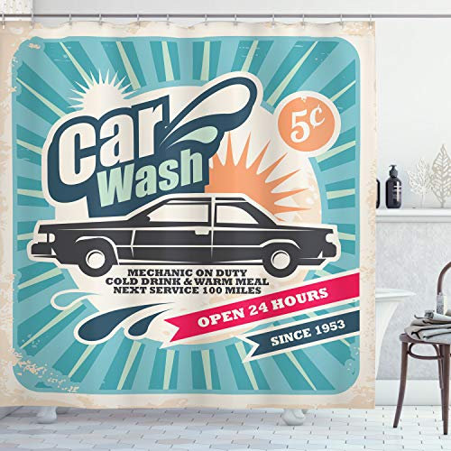 ABAKUHAUS Retro Duschvorhang, Vintage Auto-Reparatur-Kunst, Stoffliches Gewebe Badezimmerdekorationsset mit Haken, 175 x 200 cm, Kadett Blau