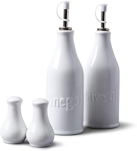 Wm Bartleet & Sons - Set tradizionale di bottiglie di olio e aceto in porcellana con beccucci in acciaio Inox.