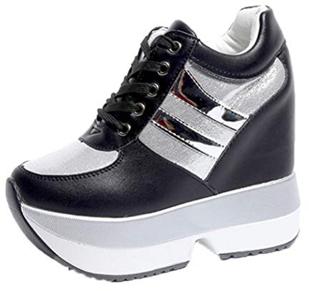 Scarpe per Il Tempo Libero da Donna Zeppe in Pelle per Esterni Tacco Alto 12CM Scarpe Sportive con Punta Tonda Piattaforma Lace Up Primavera Estate Sneakers da Donna