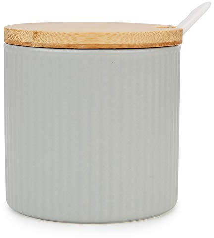 Chase Chic Ceramic Sugar Bowl, Sugar Pot with Wooden Lid and Porcelain Spoon 8.4oz/250ml in Stripe Shape, Suit for Coffee Bar, Kitchen and Home breakfast, Matte Grey